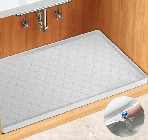 White Winisok waterproof silicone under-sink mat, 34x22 inches, designed to protect cabinets and organize under-sink areas.