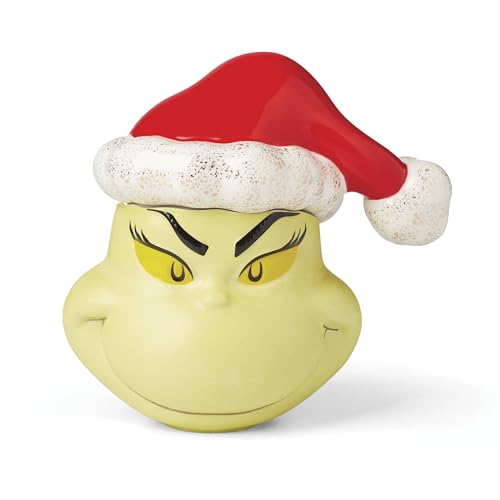 Lenox Dr. Seuss Grinch Christmas candy jar with lid, decorative food jar featuring the Grinch character for holiday treats
