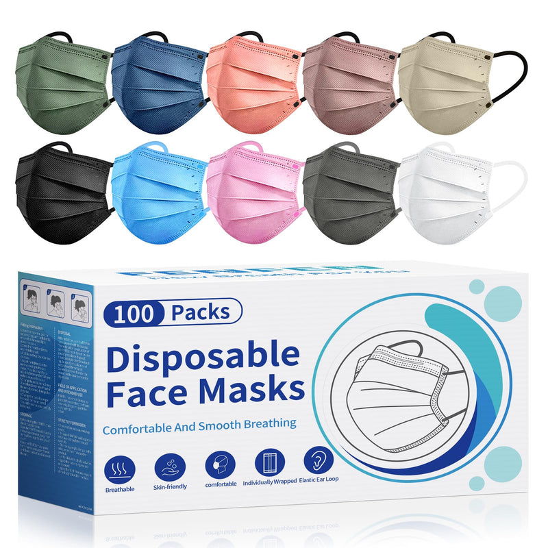 [Australia - AusPower] - Disposable Face Mask For Adults - 100 Pack Individually Wrapped,4 Ply Protection Face Masks,Colorful Face Masks Disposable Colorful 