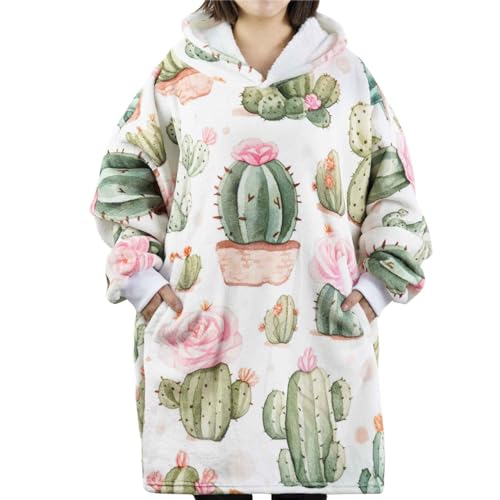 Huglanket Cactus Gifts for Cactus Lovers, Wearable Flannel Cactu Blanket Hoodie with Two Large Pocket