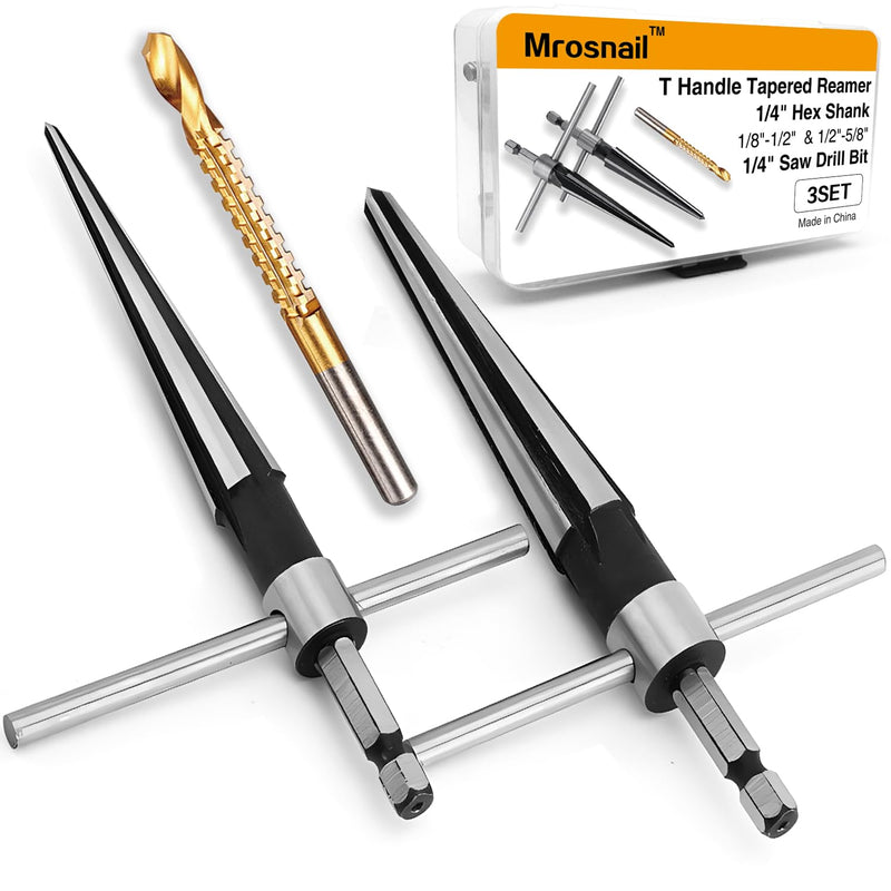 [Australia - AusPower] - Tapered Reamer Set with T Handle, 3-13mm (1/8''-1/2'') & 5-16mm (½"-5/8") 6 Fluted, Carbon Steel Hex Shank for Guitar Woodworking - 2pcs Hexagonal handle 