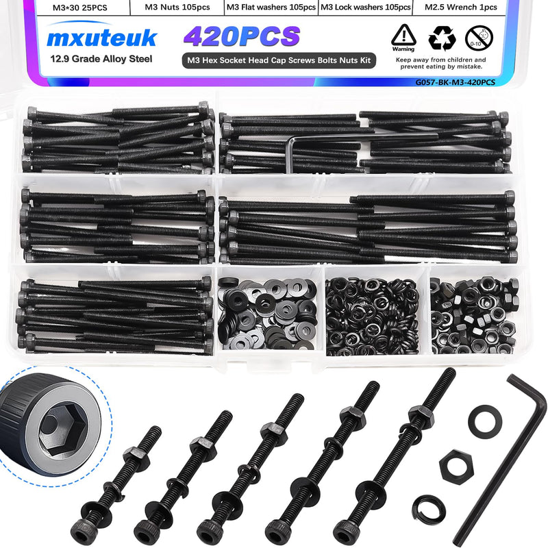 [Australia - AusPower] - mxuteuk 420PCS M3 Screws,M3x30/35/40/45/50mm Hex Socket Head Cap Screws Bolts Nuts Kit,12.9 Grade Alloy Steel M3 Bolts with Hex Wrench M3 x 30/35/40/45/50mm 