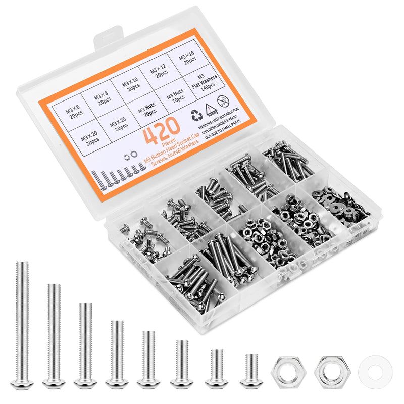 [Australia - AusPower] - 420pcs M3 Screw Kit, Premium M3 Button Head Socket Cap Screw Assortment with Nuts and Washers, M3 x 6mm /8mm /10mm /12mm /16mm /20mm /25mm (Silver) 