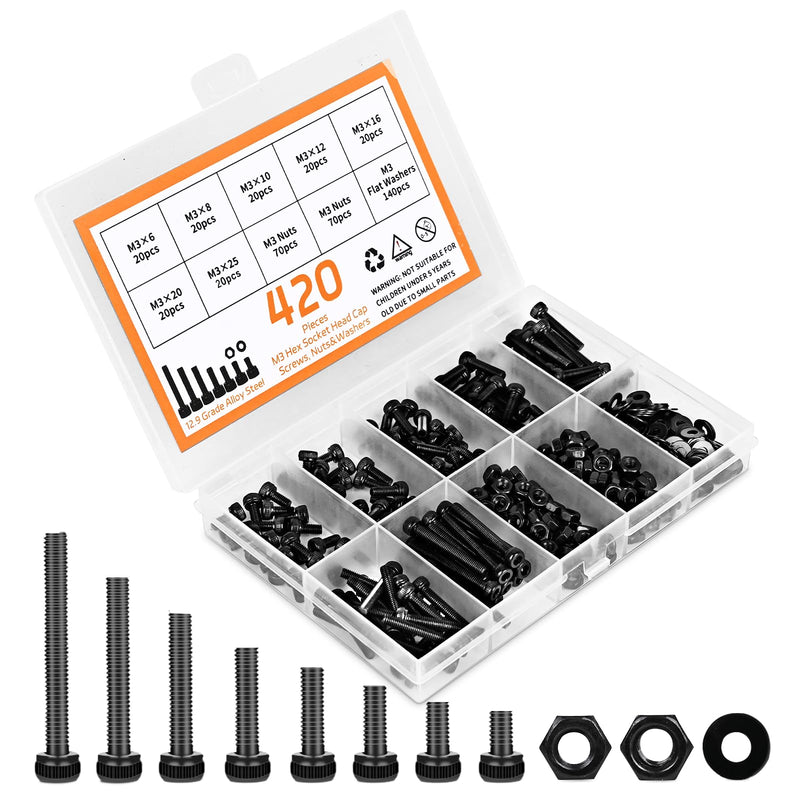 [Australia - AusPower] - 420pcs M3 Screw Kit, Premium M3 Bolts for 3D Printing, Hex Socket Head Cap Screw Assortment with Nuts and Washers, M3 x 6mm /8mm /10mm /12mm /16mm /20mm /25mm (Black) 