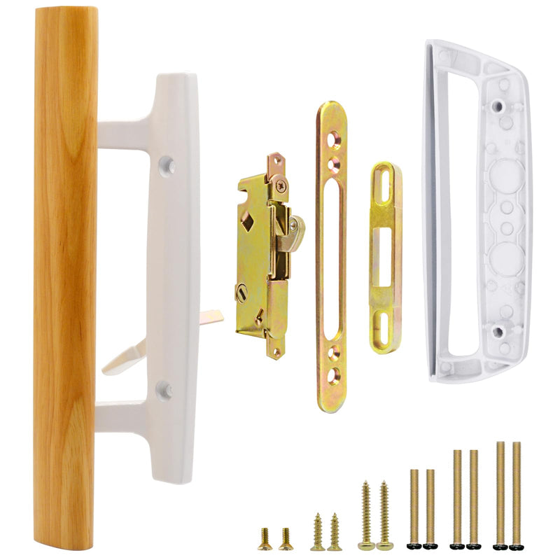 Patio Sliding Glass Door Handle with Mortise Lock 45° Keyway, Non-keyed Oak Wood Inside Handles and Zinc Diecast Outside Pull, 3-15/16" H.C., Non-Handed, White White Handles + Mortise Lock
