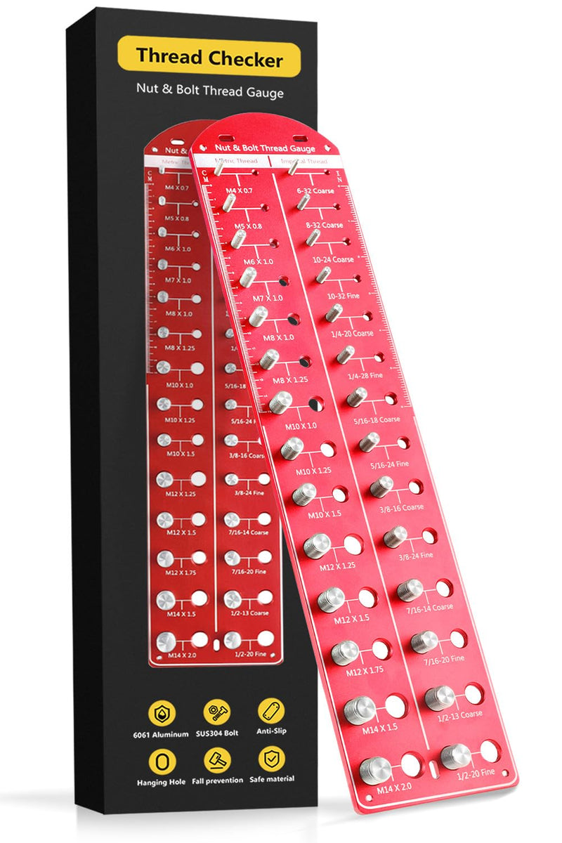 Upgrade 28 Nut and Bolt Thread Checker: Identibolt Bolt and Nut Gauge, 14 Metric & 14 Standard Sizes, Wall-Mountable Red rectangle