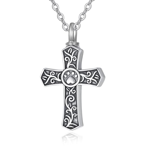 TANGPOET Cross Ashes Necklace 925 Sterling Silver Black Urn Necklace, Cremation Jewelry for Ashes Pendant, Gifts for Men Women Dog Paw