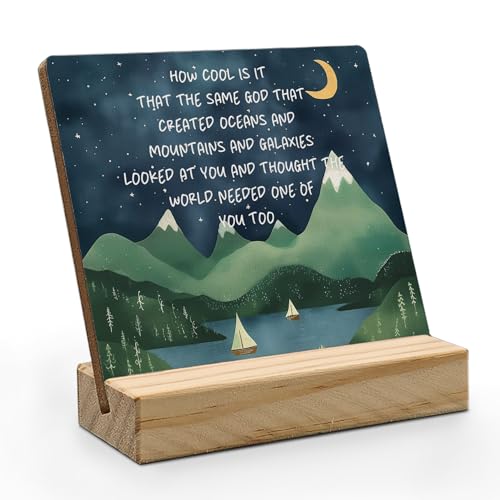 Inspirational Desk Decor, Mountain Moon Night Motivational Quote Wood Plaque, Positive How Cool is It That the Same God Wooden Plaque Sign with Wood Stand for Home Kids Room Nursery Decor