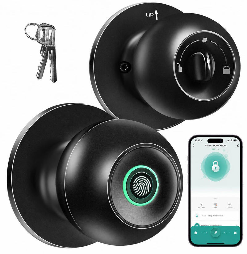 Fingerprint Door Lock, Smart Fingerprint Door Knob with Lock, Biometric Door knob with App Control & Key, Keyless Thumbprint Entry Door Lock for Bedroom, Front Door, Home, Apartment Office-Stain Black