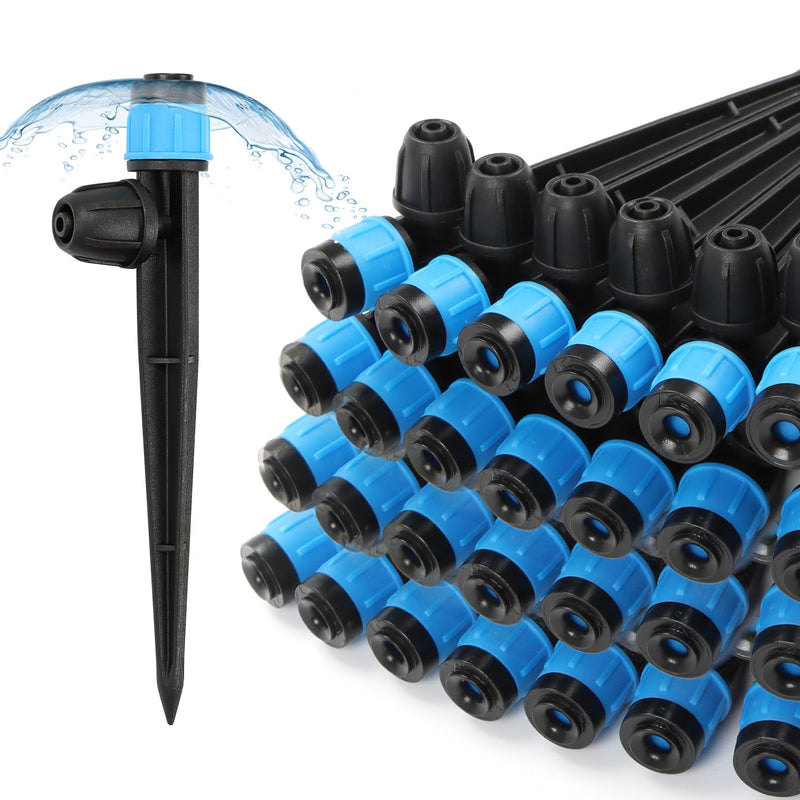[Australia - AusPower] - 50pcs Drip Emitters Fan Shape with Stake for 1/4" Irrigation Tubing, Adjustable 360 Degree Water Flow Irrigation Vortex Sprayer On 5" Stake Garden Irrigation Dripper for Watering System 