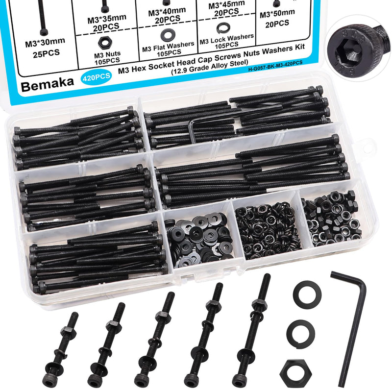 [Australia - AusPower] - 420PCS Black M3 Hex Socket Head Cap Screws, M3 x 30/35/40/45/50mm Metric Screws Bolts Nuts Washers Assortment Kit, 12.9 Grade Alloy Steel 