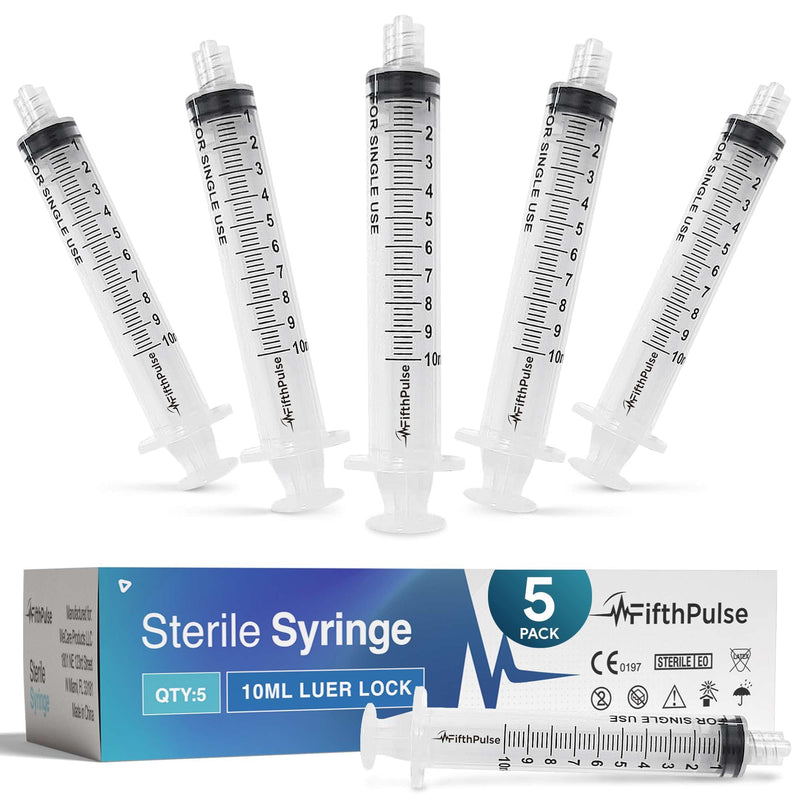 [Australia - AusPower] - 10 ml Syringe without Needle - 5 Pack of Individually Wrapped Disposable Syringes - Good for Medical, Scientific Lab, Home Use, and More - Sterile Luer Lock Syringes 10 ML 5.0 
