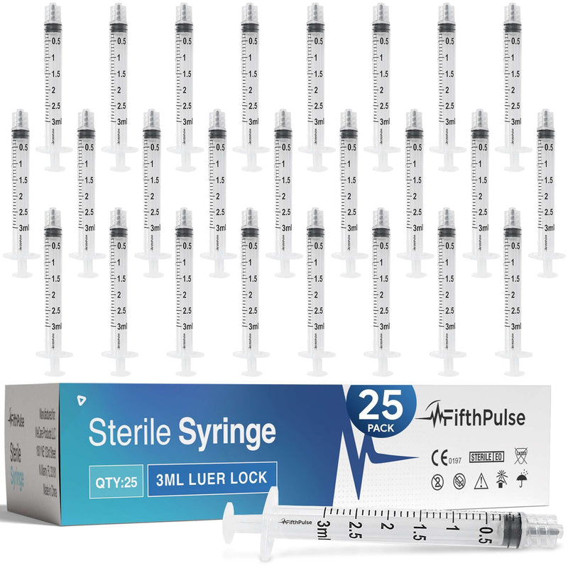 [Australia - AusPower] - 3 ml Syringe without Needle - 25 Pack of Individually Wrapped Disposable Syringes - Good for Medical, Scientific Lab, Home Use, and More - Sterile Luer Lock Syringes 3 ML 25 Pack 