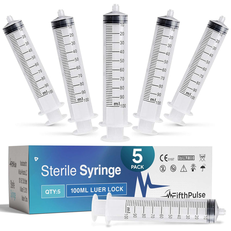 [Australia - AusPower] - 100 ml Syringe without Needle - 5 Pack of Individually Wrapped Disposable Syringes - Good for Medical, Scientific Lab, Home Use, and More - Sterile Luer Lock Syringes 100 ML 5 Pack 