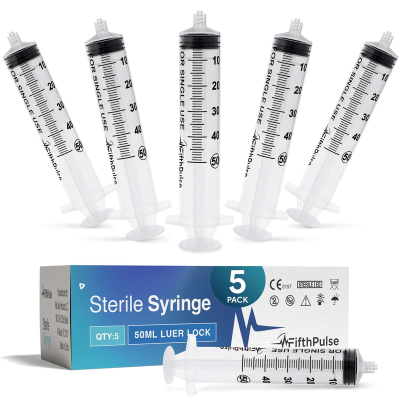 [Australia - AusPower] - 50 ml Syringe without Needle - 5 Pack of Individually Wrapped Disposable Syringes - Good for Medical, Scientific Lab, Home Use, and More - Sterile Luer Lock Syringes 50 ML 5.0 