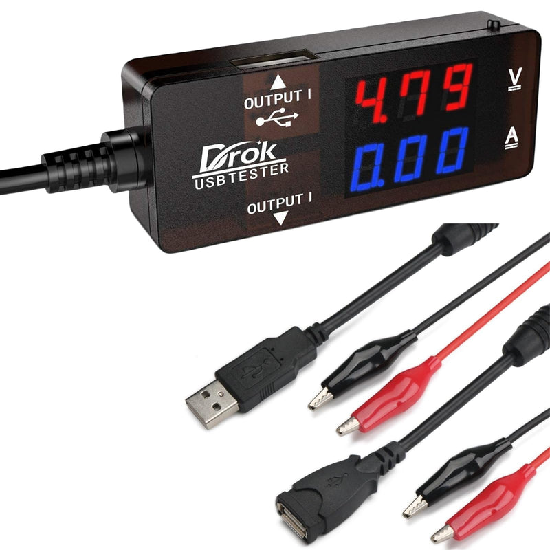 [Australia - AusPower] - DROK USB Tester, USB-A USB-C 2.0 Multimeter Dual USB Ports PD QC 3.0 Battery Charger Monitor, Copper Alligator Clips with Wire Female and Male USB Connector Test Leads for Testing Circuit 2x18AWG 3-5A 