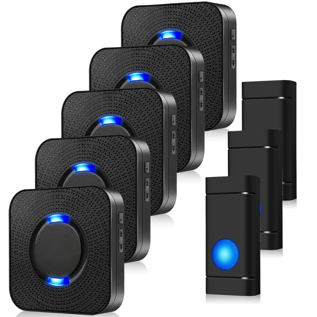 [Australia - AusPower] - Wireless Doorbell COTINSE Door Bell Chime Kit, Long Range 1,300ft, 3 Battery Powered Buttons & 5 Plug in Receivers -58 Melodies, 5 Volume Levels & LED Flash, Waterproof Doorbell for Home/Classroom 