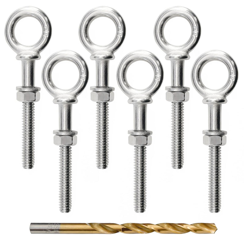 [Australia - AusPower] - Sutekus 1/4" x 3" Eye Bolt T316 Stainless Steel Shoulder Lifting Ring Threaded Eyebolts with Nuts Washers and Drill Bit, 6pack, Silver 