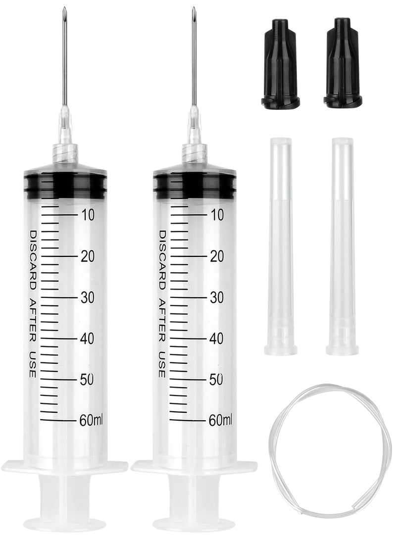 [Australia - AusPower] - 2 Pack 60ml Syringe with 55.1” Tube and Needle 16G 1.5”, Luer Lock Syringes with Cap for Fluid Suction Injector, Drawing Oil, Fluid, Water, Lab, Pets 60 ml 2.0 