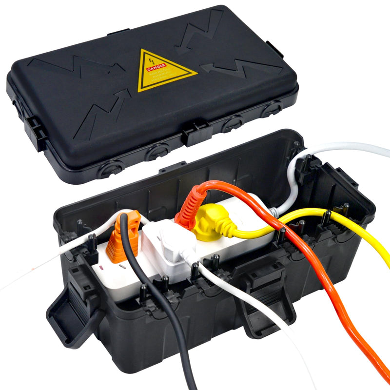 [Australia - AusPower] - Medium Outdoor Electrical Box(10.6x5.7x5inch),Weatherproof Connection Box w/6 Cable Entry,IP54 Waterproof Extension Cord Cover Protect Power Strip,Timer,Plug,Holiday Lights,Black Black 