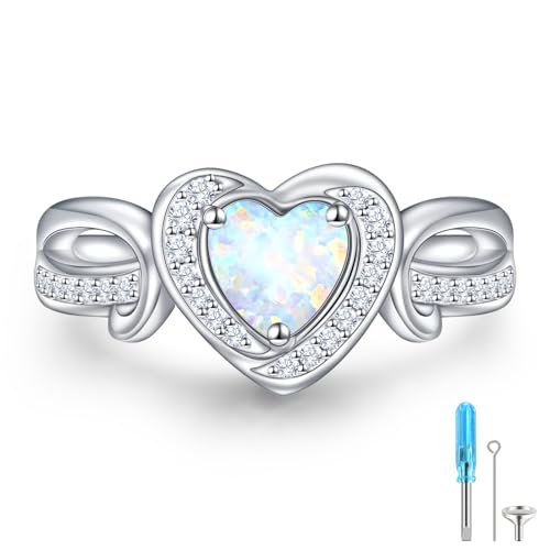 Heart Urn Rings for Ashes for Women 925 Sterling Silver Synthetic Opal Cremation Rings Urn Jewelry for Ashes of Loved Ones White 7