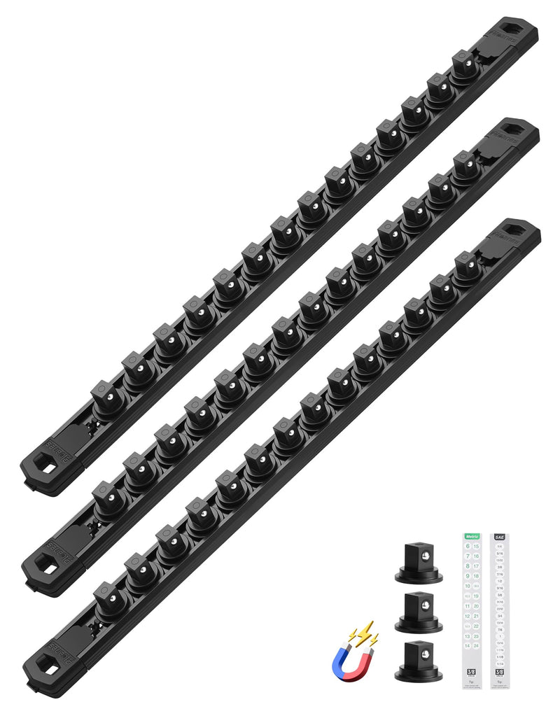 ALOANES Magnetic Socket Organizer Set, 3-Piece Heavy Duty Aluminum Socket Rails, 360° Swivel Clips Socket Rail Kit for Tool Tray Drawer Fit 3/8-Inch x 42 Clips (Black, 3PC) Black 3PC, 3/8-Inch Drive