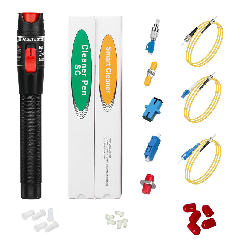 [Australia - AusPower] - Fiber Optic Cable Troubleshoot Kit - 50Km VFL Fiber Optic Visual Fault Locator, SM FC - LC Adapter, LC/SC/ST/FC Coupler, 2 Cleaners, 3 Kind Dust Cap and 3 Short Patch Cords Black & Red 