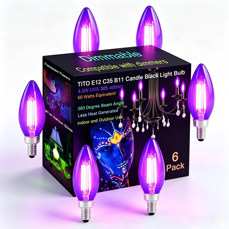 TITO 6 Pack E12 B11 395nm Dimmable Candle Black Light Bulbs Halloween Party | 4.5W Filament Candelabra Bulb 60W Equivalent｜360° Full Glow｜Low Heat｜Glow Party Fluorescent Decor Uranium Glass Curio Display