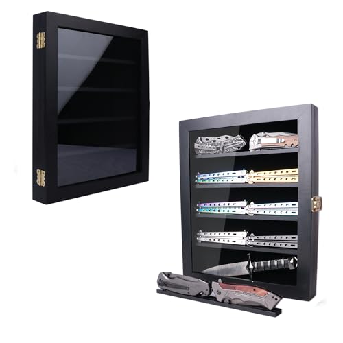 Pocket Knife Display Case,Knife Display case for Wall,Wood Pocket Knife Display Stand,for Pocket Knife and Military Folding Knife Display,Dust and UV Resistant,Lockable,Black
