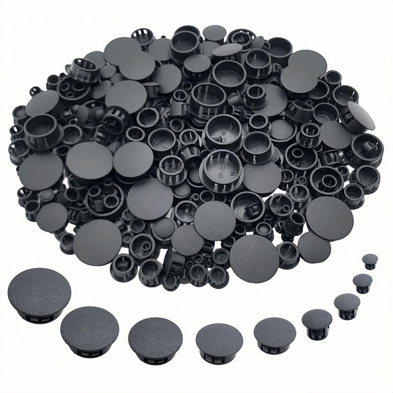 [Australia - AusPower] - 360 PCS 9 Sizes Plastic Hole Plugs Flush Type Hole Plugs Snap in Locking Hole Tube, Furniture Fencing Post Pipe Insert End Caps (Black) Black 