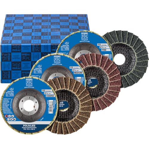 PFERD TOOLS POLIVLIES Flap Disc Set PVL 115 | Diameter 115 mm, Width 18 mm, Bore 22.23 mm, Corundum A 100, 180, 280 | 44698007 for Fine Grinding Universal