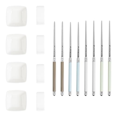 French Home Mother of Pearl Color Chopsticks, Rests & Sauce Bowls, 4 Pairs Pewter, Pale Blue, Seafoam Green, and Silvery Gray 12-Piece Set