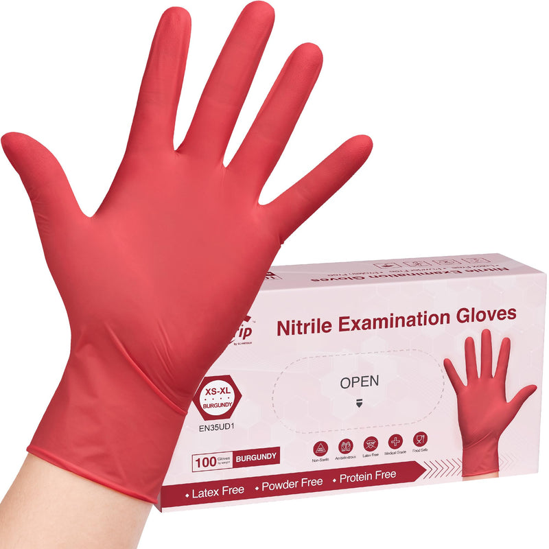 [Australia - AusPower] - Disposable Nitrile Exam Gloves, Medium, Box of 100, Burgundy, Latex-Free, Powder-Free, 3mil, Medical Grade, Food Safe, Non Sterile 