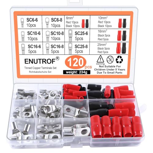 Enutrof pipe cable lugs set, ring cable lug, ring terminals | 10 mm² 16 mm² 6 mm² 25 mm² 120 Piece Set Cable Lugs Heat Shrink Tubing for Car Motorcycle Boats (120 Pieces-S) S (120 Pieces)