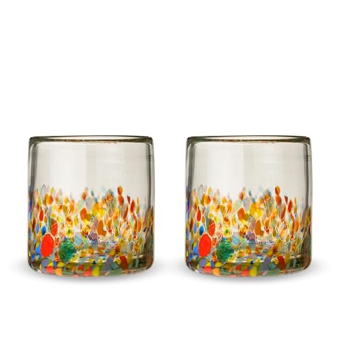 Twine Segunda Vida Artistico 100% Recycled Glassware Tumblers, Hand Blown Cocktail Glasses for Dinner Party, Icon Glasses Gifts, Stemless Margarita Mexican Glassware, Set of 2, 13 oz, Multicolor