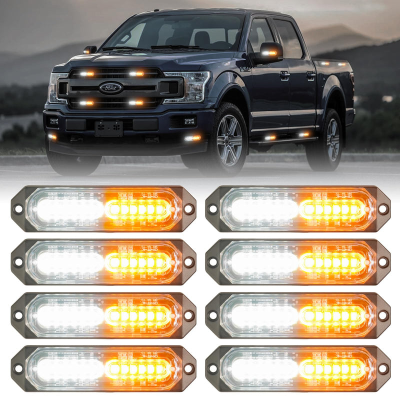 [Australia - AusPower] - 8-Pcs 12 LED Sync Feature Emergency Strobe Grille Lights Ultra Slim Surface Mount Hazard Warning Flashing Chase Light Bar for Construction/Police/Truck/Vehicles/Car/SUV/ATV/UTV (Amber/White) #01 Amber/White 