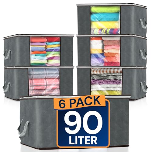 Reli 90L clothes storage bags in a 6-pack, foldable under-bed bins with lids and handles for organized clothing storage.