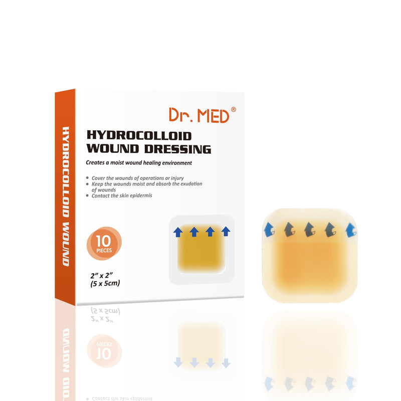 [Australia - AusPower] - Dr. Med Hydrocolloid Wound Dressing 2"x2"-10 Pack/Box, Waterproof Adhesive Bordered Bandage, for Light Exudate, Abrasions, Pressure Ulcer, Bed Sore, Superficial Wound Care 