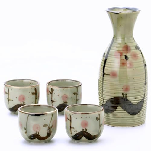 JapanBargain 4977, Japanese Plum Porcelain Sake Set Sake Carafe Bottle Sake Cups for Serving Hot Sake and Cold Sake, Made in Japan, Green, 8.5 oz