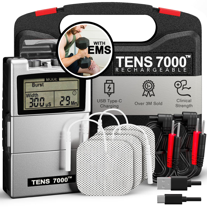 [Australia - AusPower] - TENS 7000 Rechargeable Tens Unit Muscle Stimulator, EMS Muscle Stimulator, Back Pain Relief, 4 Electrodes/Unit Pads, Period Pain Simulator, Muscle Recovery & Growth, Stim Machine, Electrotherapy 
