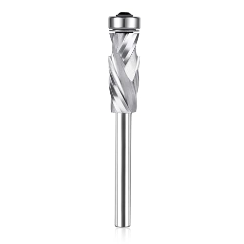 SpeTool UP&Down Compression Spiral Flush Trim Router Bit 1/4 Inch Shank 1/2 Inch Cutting Diameter Extra Long with Bottom Bearing, Solid Carbide Pattern Flush Trim Router Bit for Cutting Uncoated 1/2" Dia-1-1/4" CL-1/4" Shank