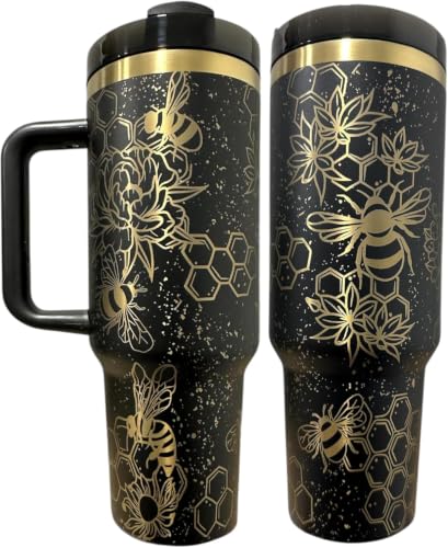 Tumbler, 40oz Tumbler, Western Tumbler, Engraved Cup with Handle, Cute Coffee Mug, 40oz Coffee Mug (Black/Gold(21)-Bee(B31)) Black r.Gold(16)-Bee(B31)