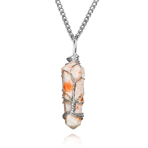 KARMAPLEDGE Crystal Necklace Birthday Gifts for Women, Mom, Natural Sunstone Healing Crystal Pendant Necklaces for Chakra Balance, Good Luck, Positivity, Meditation, Tree of Life Crystal Jewelry
