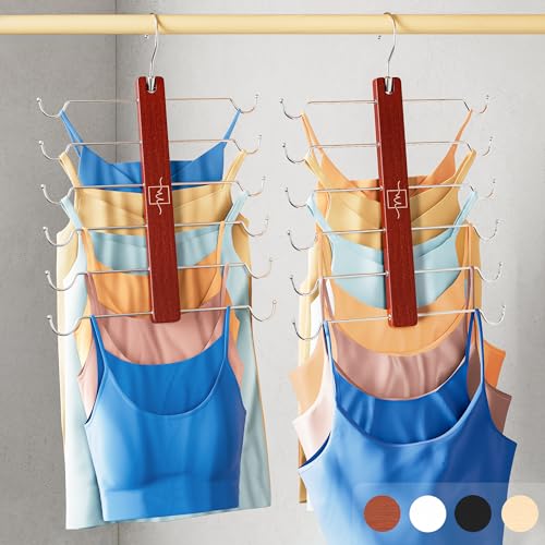 MORALVE European Beechwood Tank Top Hangers with 360° Swivel Hook - 2 Pack Space Saving Sports Bra and Cami Hanger for Closet - Hanging Tank Top and Bra Organizer for Space Saving Closet Organization Mahogany