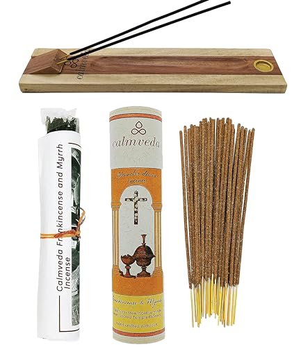CALMVEDA, Frankincense and Myrrh Incense with Rosewood Incense Holder (80 Sticks + 1 Holder) | Beautiful Natural Incense and Holder Combo for Home Decor and Spiritual Practice