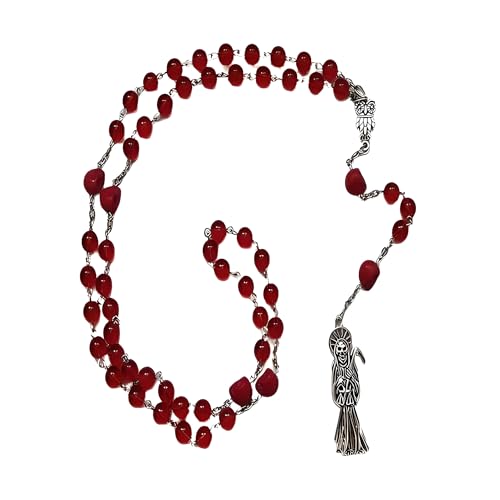 925 Sterling Silver La Santa Muerte Rosary - Satanic, Holy Saint Death Pendant for Women & Men Transparent Red Santa Muerte Rosary