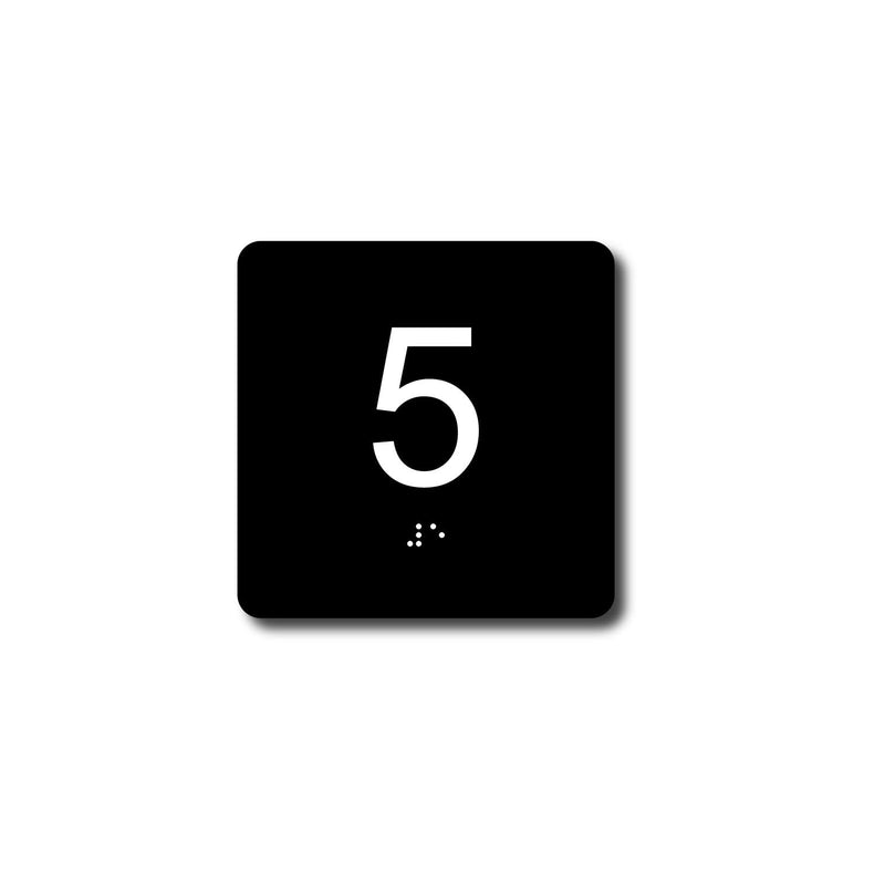 ADA Exam Room Number Sign with Tactile and Braille - 4" X 4" - Pack of 5 Numbered 1-5 or 6-10 (Black 1-5) Black #1-5
