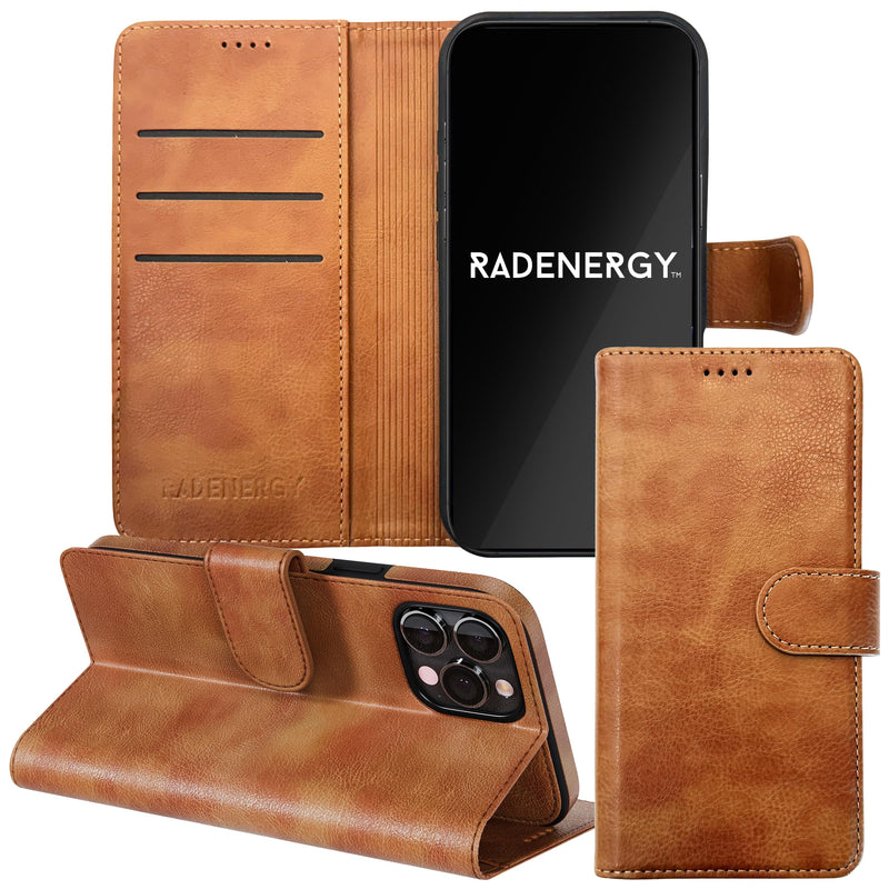 EMF Protection Anti Radiation Leather Flip Folio Case for iPhone, Genuine Leather Wallet Case/Cover with Card Holder & Stand Function Brown for iPhone 13 Pro