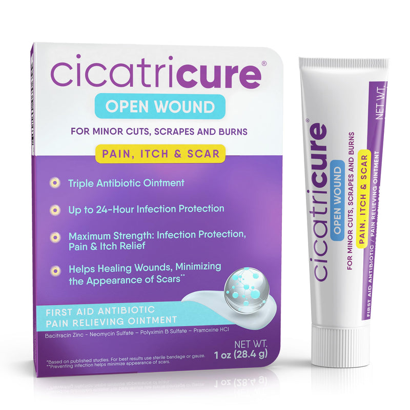 [Australia - AusPower] - Cicatricure Open Wound Care, First Aid Antibiotic Ointment Pain Relief, Effective Relief for Minor Cuts, Scrapes, Burns, Itch, and Scars, Triple Antibiotic Ointment with Bacitracin, 1 oz, Pack of 1 