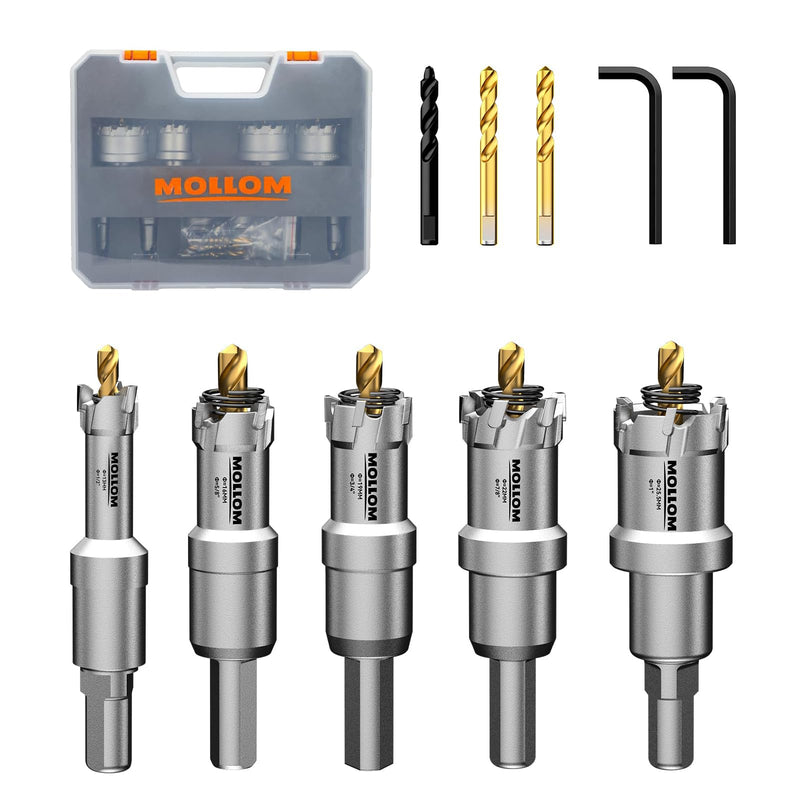 Mollom 5Pcs Hole Saw(13-25.5mm) TCT Carbide Tipped Hole Saw Kit for Hard Metal, Extra 2xTitanium & 1xStepped Pilot Drill bits and 2Pcs Hex Key for Stainless Steel, Iron,Aluminum,Alloy,Metal 13-25.5mm 5